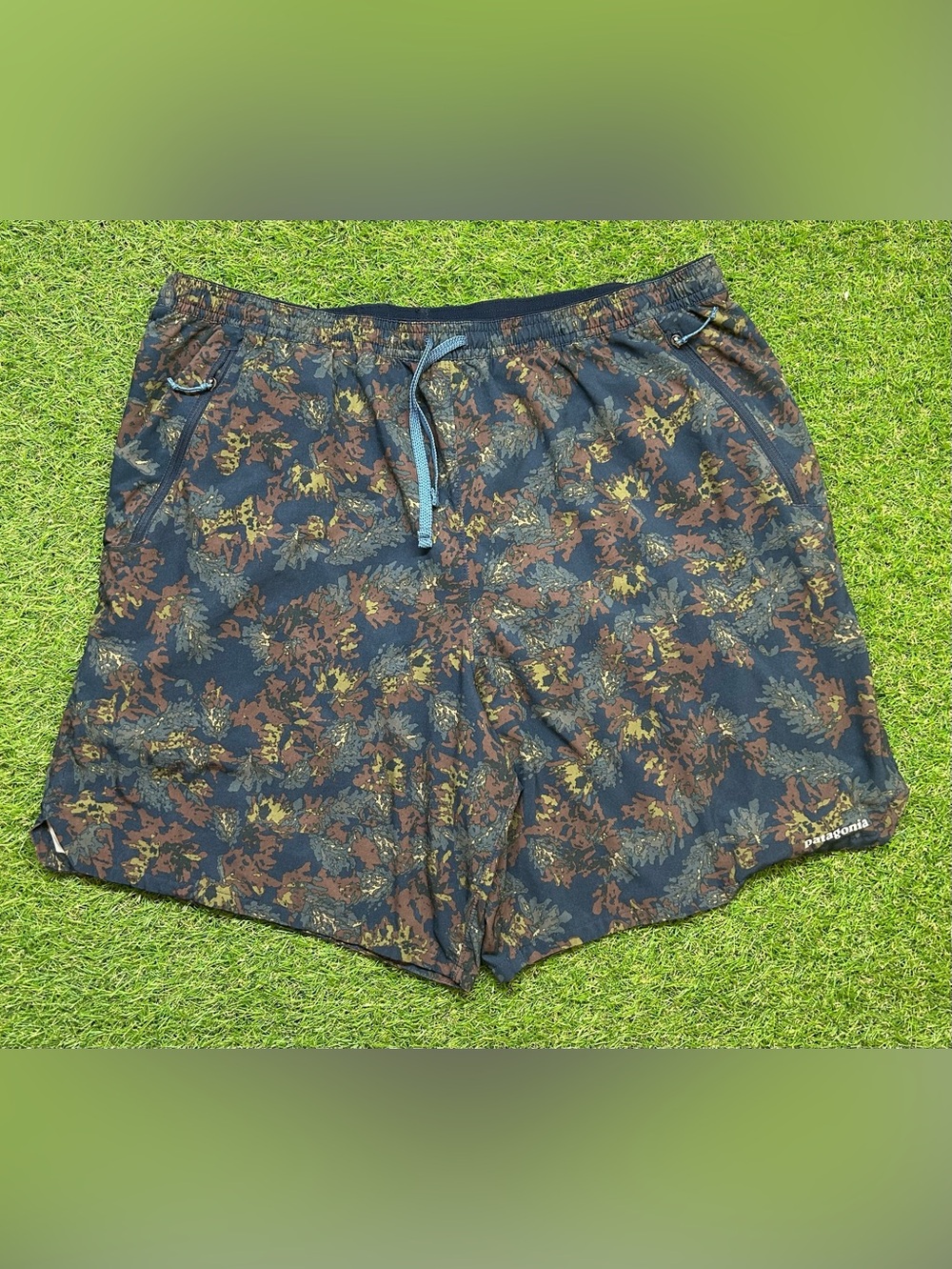 Patagonia Navy Swim Shorts with Brown & Olive Print